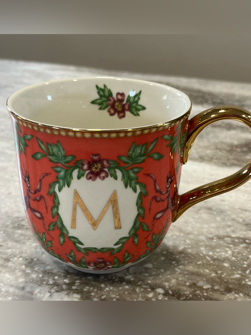 Anthropologie Coral Floral Monogram 'M' Porcelain Mug with Gold Handle
